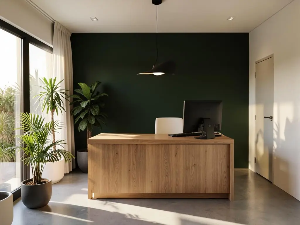 Recepção do escritório com balcão de madeira e plantas