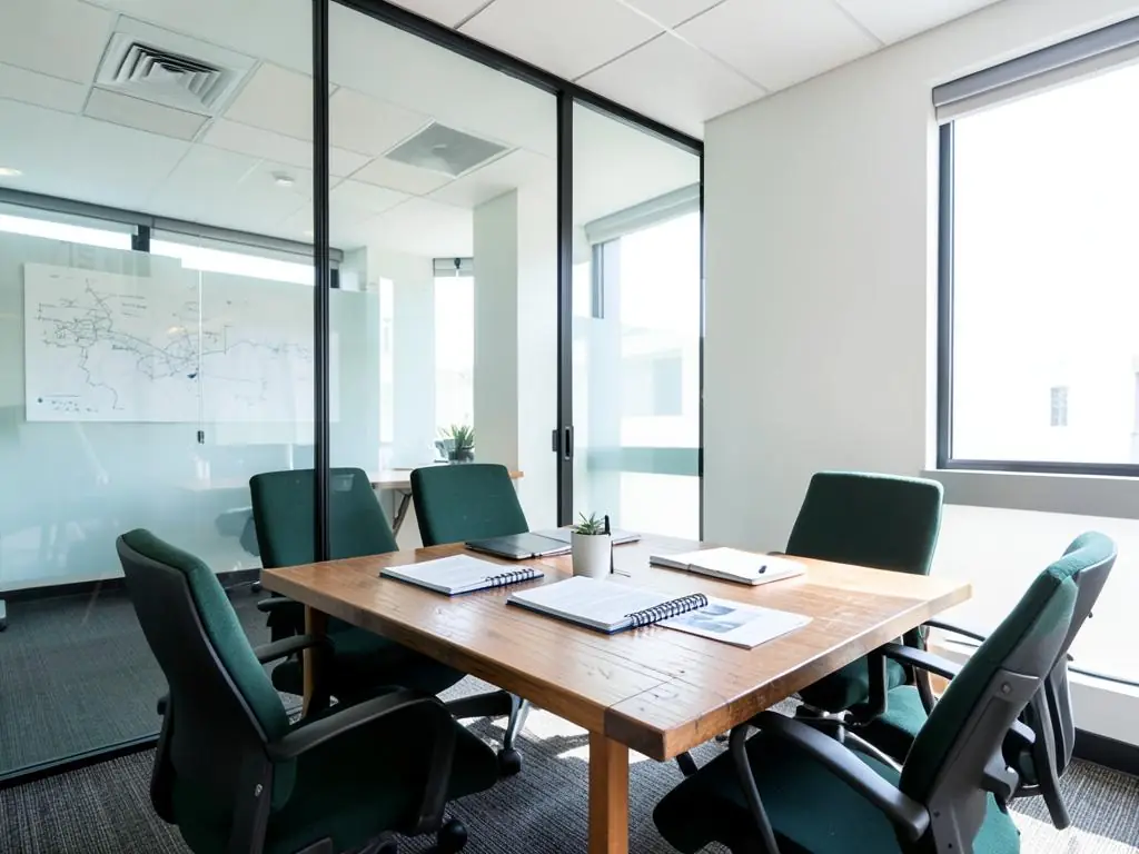 Sala de reunião com mesa de madeira e cadeiras verdes