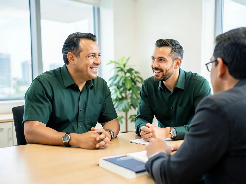 Profissionais conversando com um cliente em uma sala de reunião
