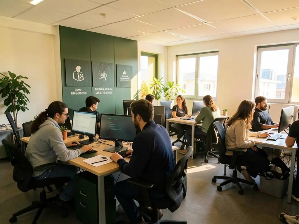 Equipe trabalhando em um escritório amplo e iluminado