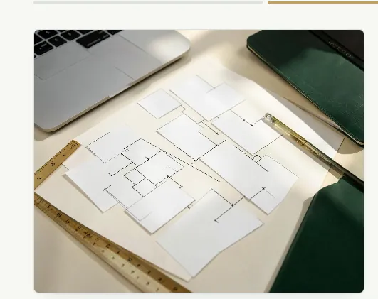 Mesa de trabalho com fluxograma de processos em papel, laptop e caderno verde